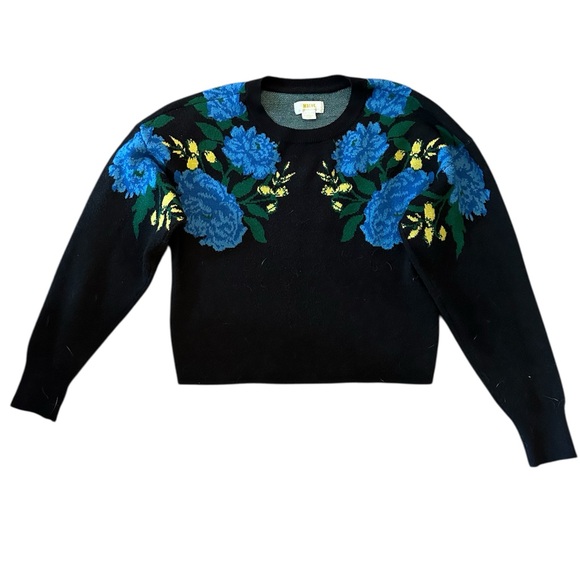 Maeve by Anthropologie Camryn Cropped Sweater Black w/ Blue & Yellow Floral - Picture 8 of 14